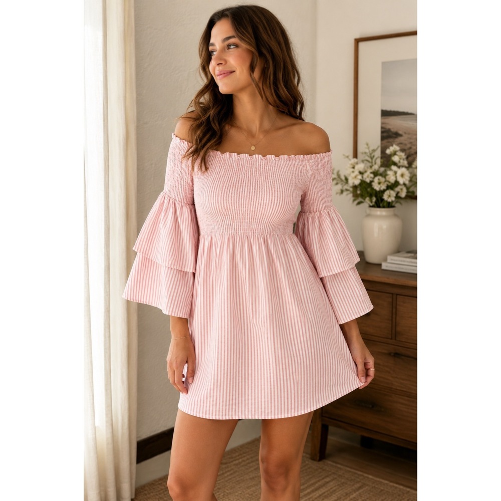 Paperheart Pink White Stripe Off Shoulder Smocked Mini Dress Tiered Bell Slv M